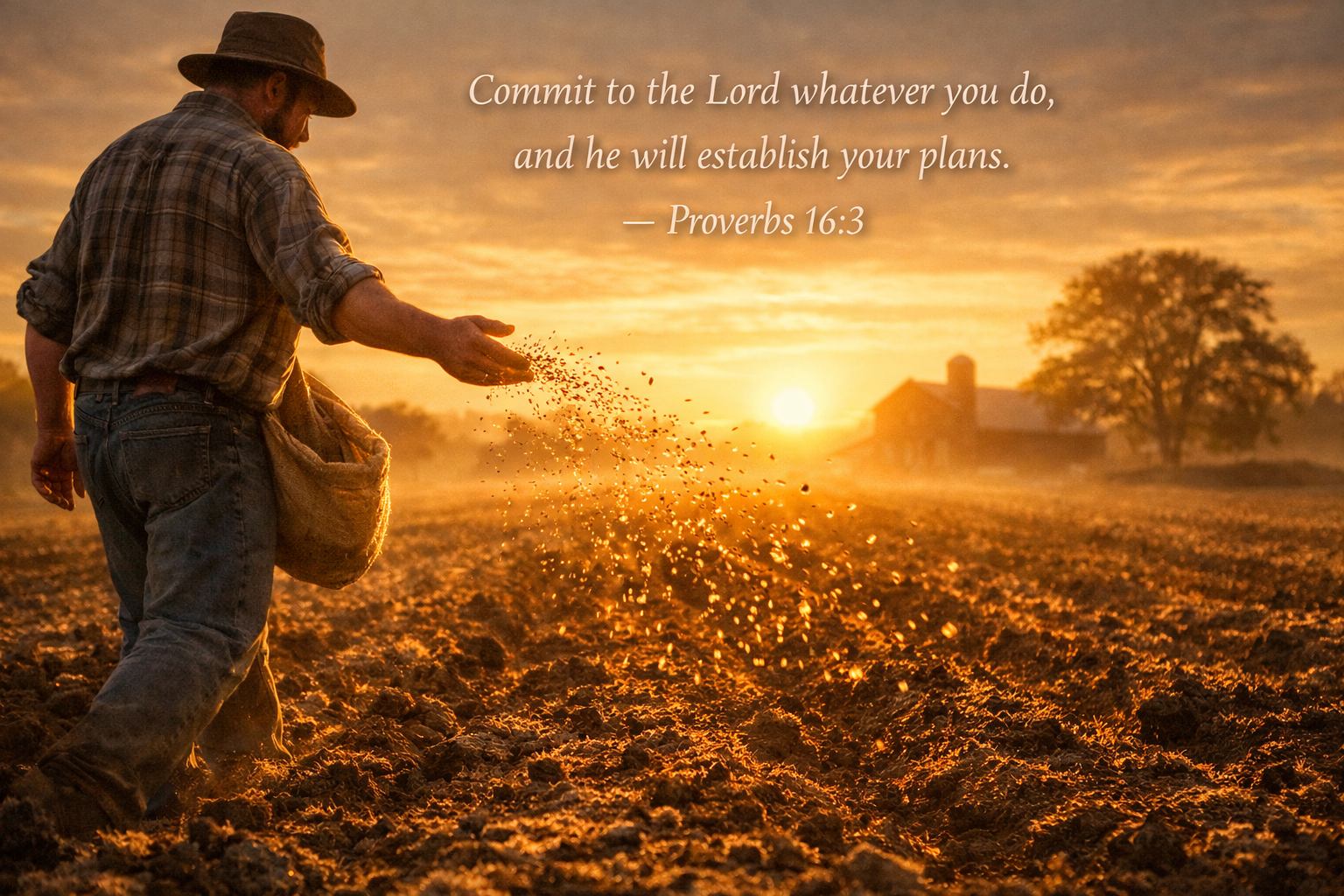 Farmer scattering seed into freshly plowed earth at golden morning — Proverbs 16:3 Bible verse wallpaper
